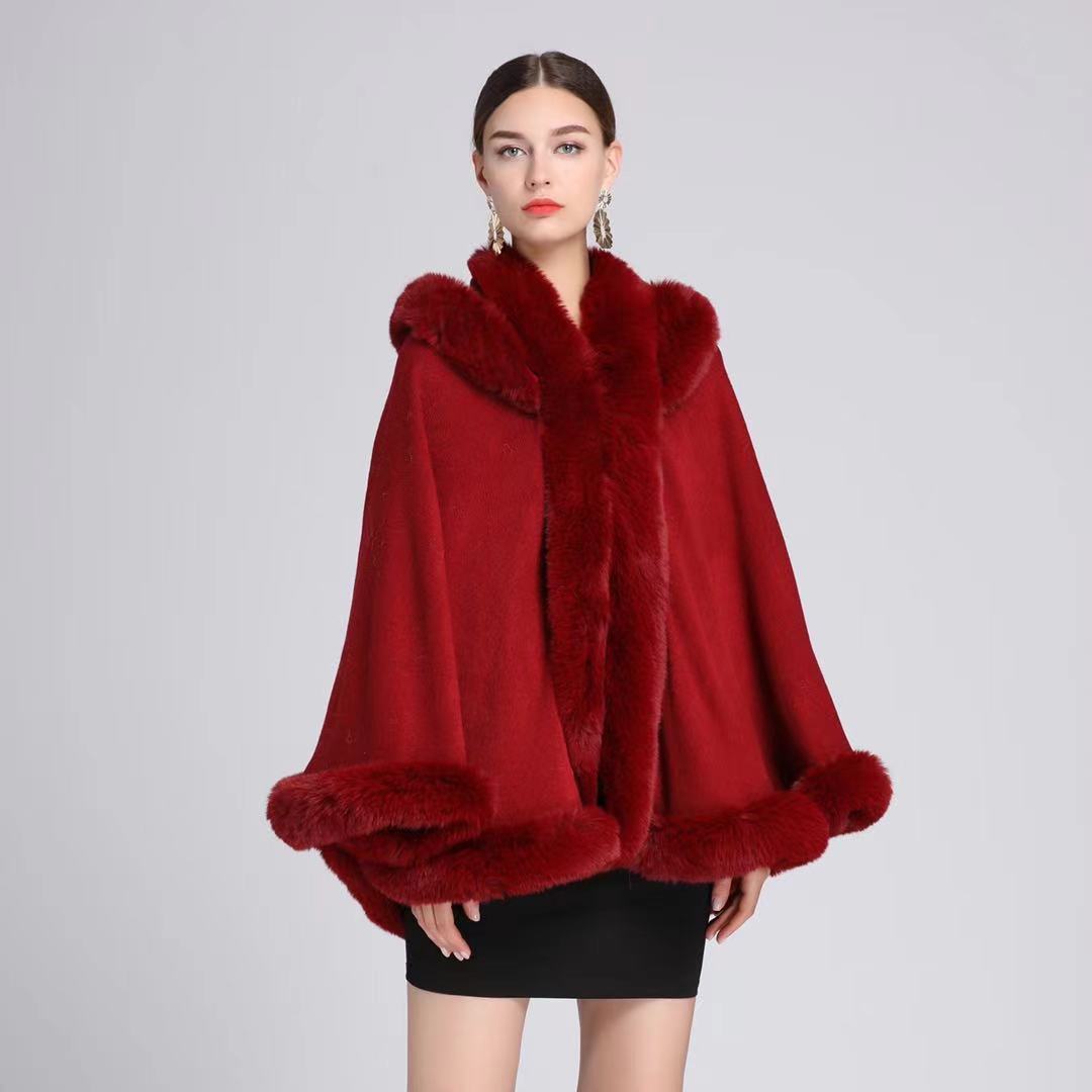 692#European and American autumn and winter new imitation rex rabbit fur collar hooded shawl cloak large size loose cloak coat female