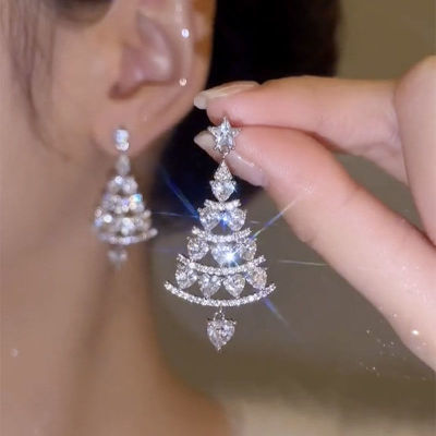 2023 New Flash Diamond Christmas Tree Earrings Women's 925 Silver Needle High-Quality Earrings Temperament Versatile Face-Slimming Earrings