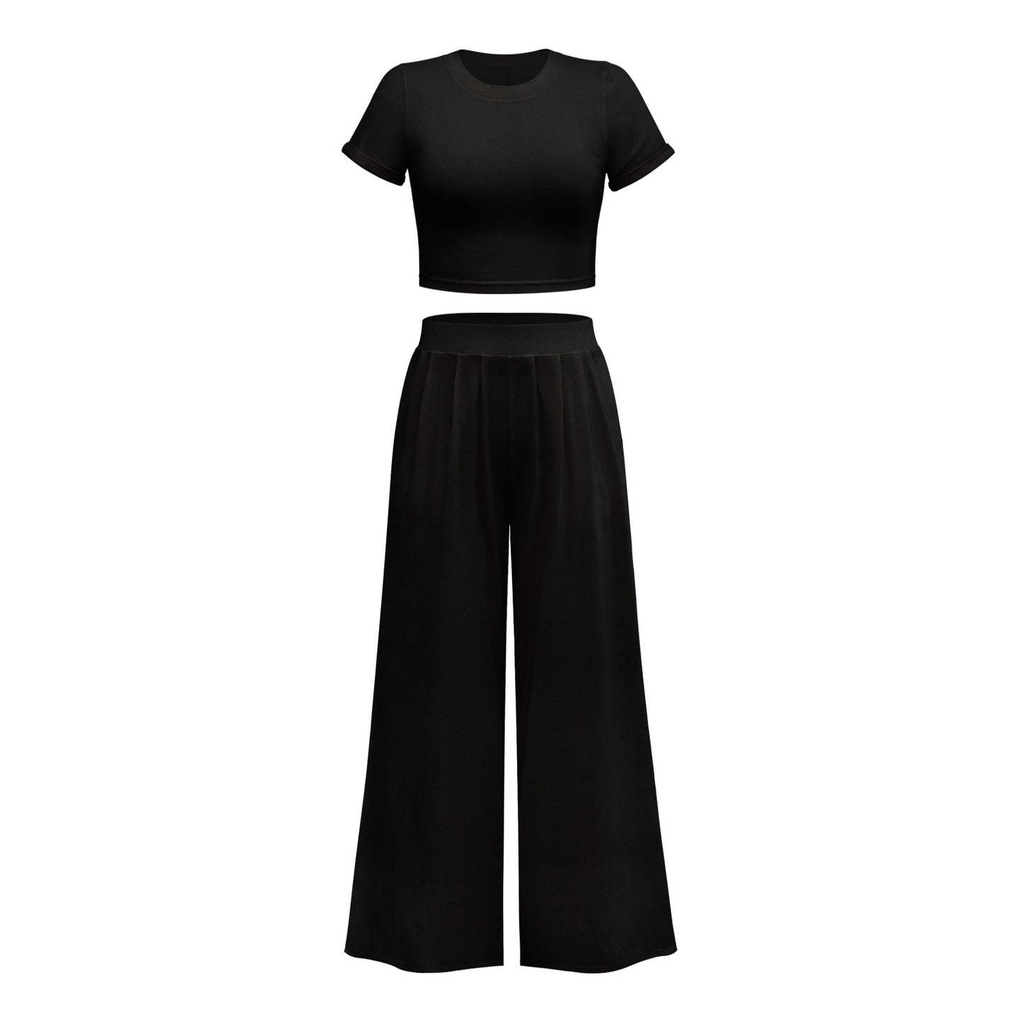 WISH's new solid color home commuting suit, short slim top, loose wide-legged draped trousers two-piece set