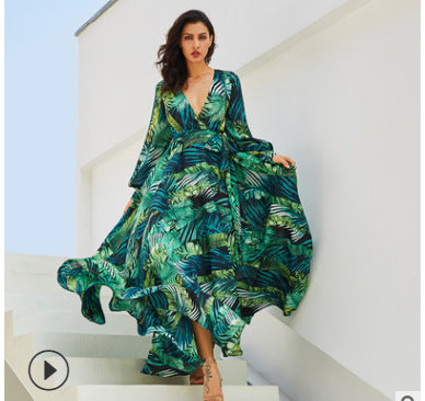 2019 Summer Bohemian Amazon New Lantern Sleeve V-Neck Green Leaf Printed Skirt Large Swing Skirt