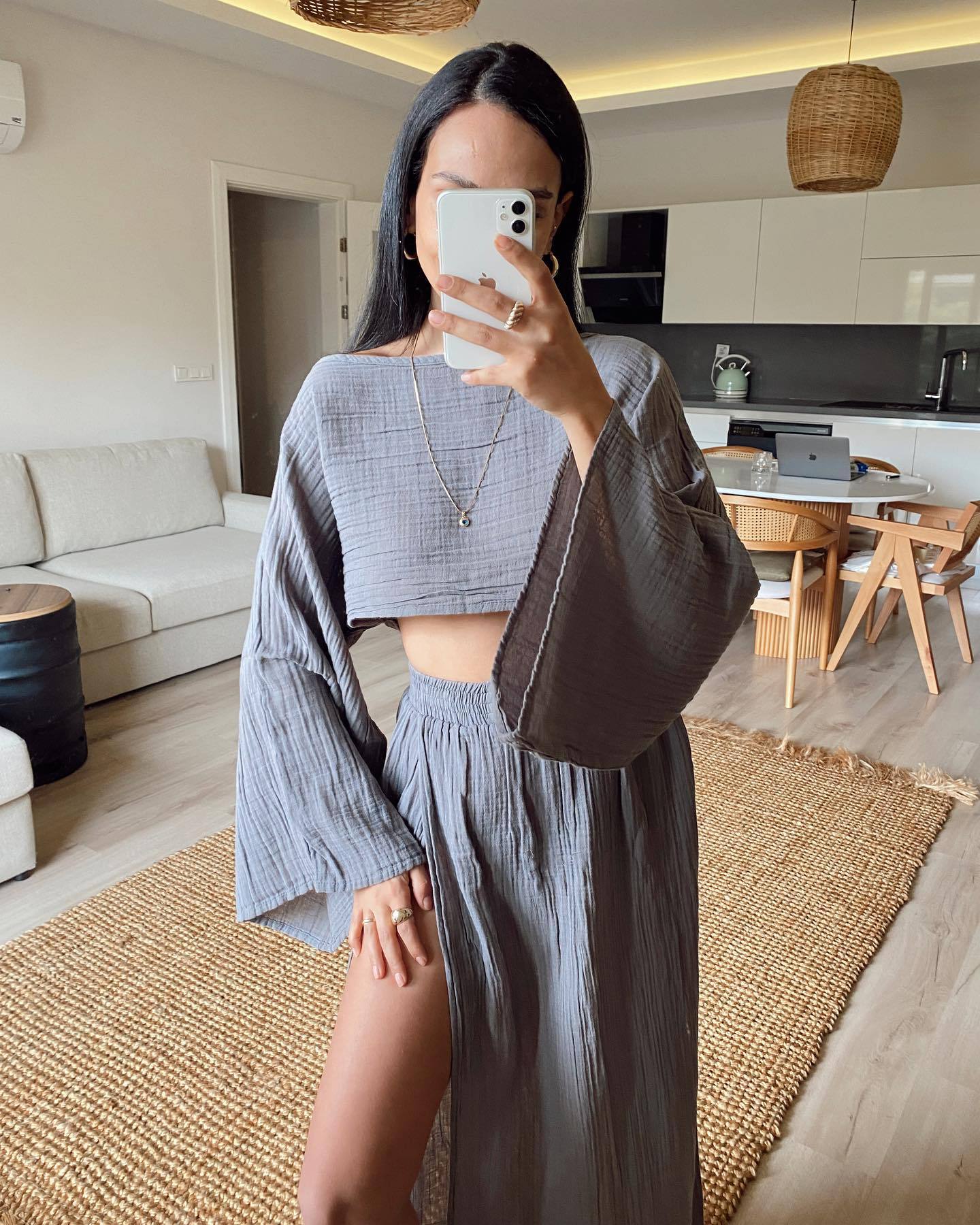 2024 casual holiday linen blended cropped top high waist chic slit cotton and linen casual two-piece suit