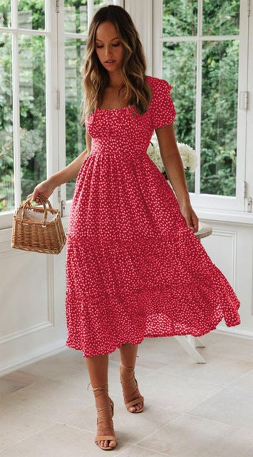 2021 Europe and the United States new AliExpress wish Amazon popular square neck puff sleeve floral dress long skirt