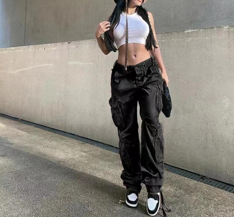 4 European and American new foreign trade cross-border women's street hip-hop style low-waist multi-pocket multi-pocket overalls casual pants trousers