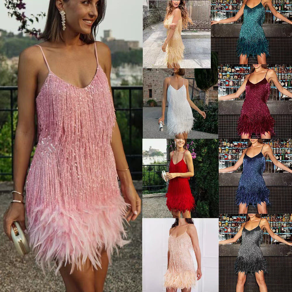 2023 Summer New Fashion Tassel Sequin Feather Stitching Dress Color Dress Amazon Explosive Spot Women