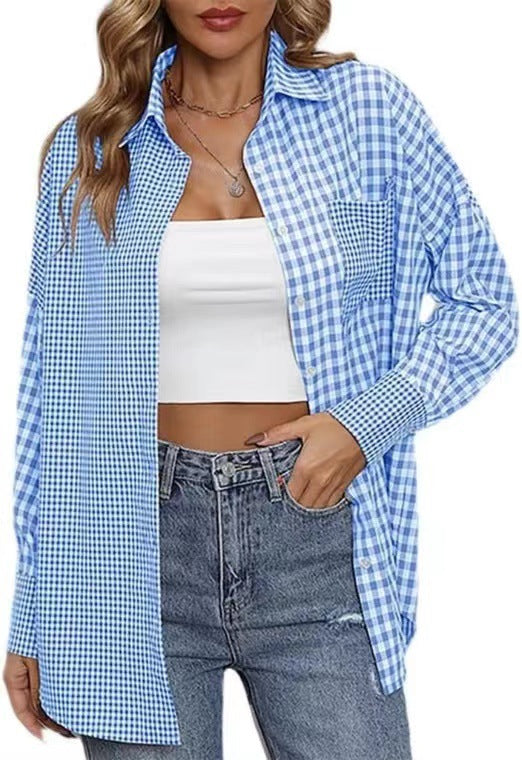 2023 Amazon women's spring and summer new cross-border European and American foreign trade ladies' fashion loose casual plaid shirt