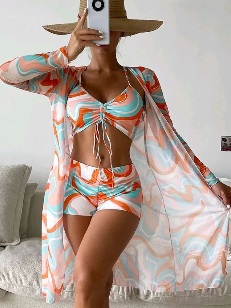 2023 New Foreign Trade Bikini Three-Piece Digital Printing Shawl Boxer Underwear Amazon Aliexpress Swimsuit for Women