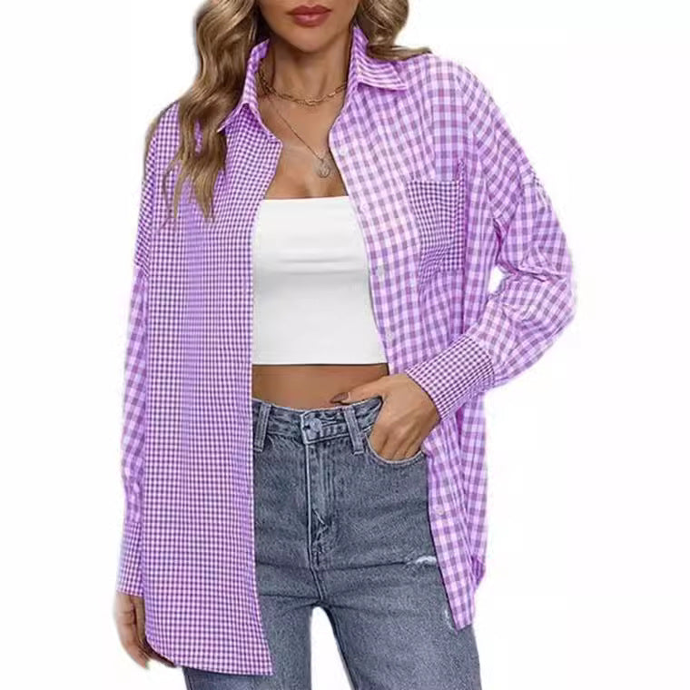 2023 Amazon women's spring and summer new cross-border European and American foreign trade ladies' fashion loose casual plaid shirt