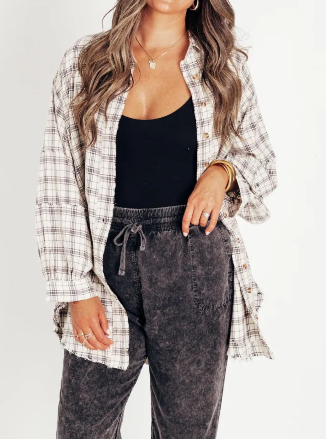 2024 Cross-border European and American foreign trade women's clothing autumn and winter new Amazon raw edge lantern sleeve loose button plaid shirt