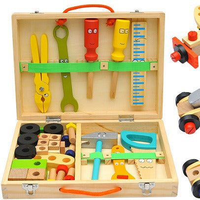 Wooden cartoon multifunctional tool box for children's educational DIY simulation disassembly and assembly of nuts intelligence combination