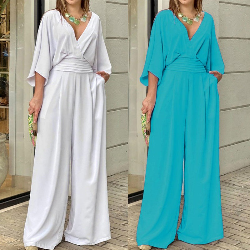 2023 Summer Cross-Border Independent Station Women's Jumpsuit Batwing Sleeve V-neck Backless Waist Trimming Loose Wide Leg Jumpsuit