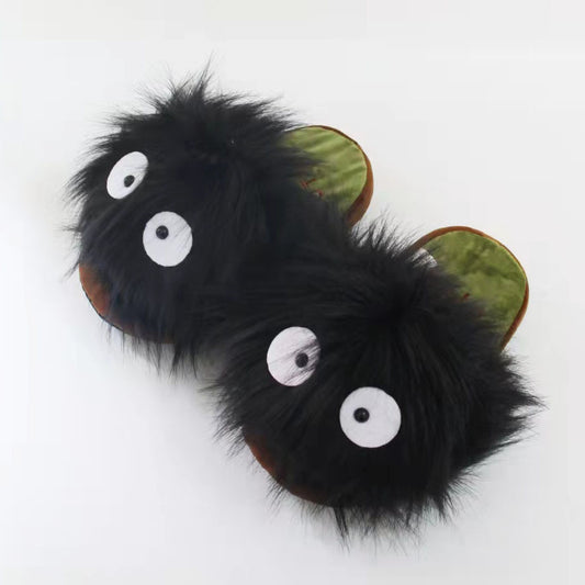 Winter cartoon coal briquettes plush slippers black charcoal long hair animation home boy personality floor cotton mop