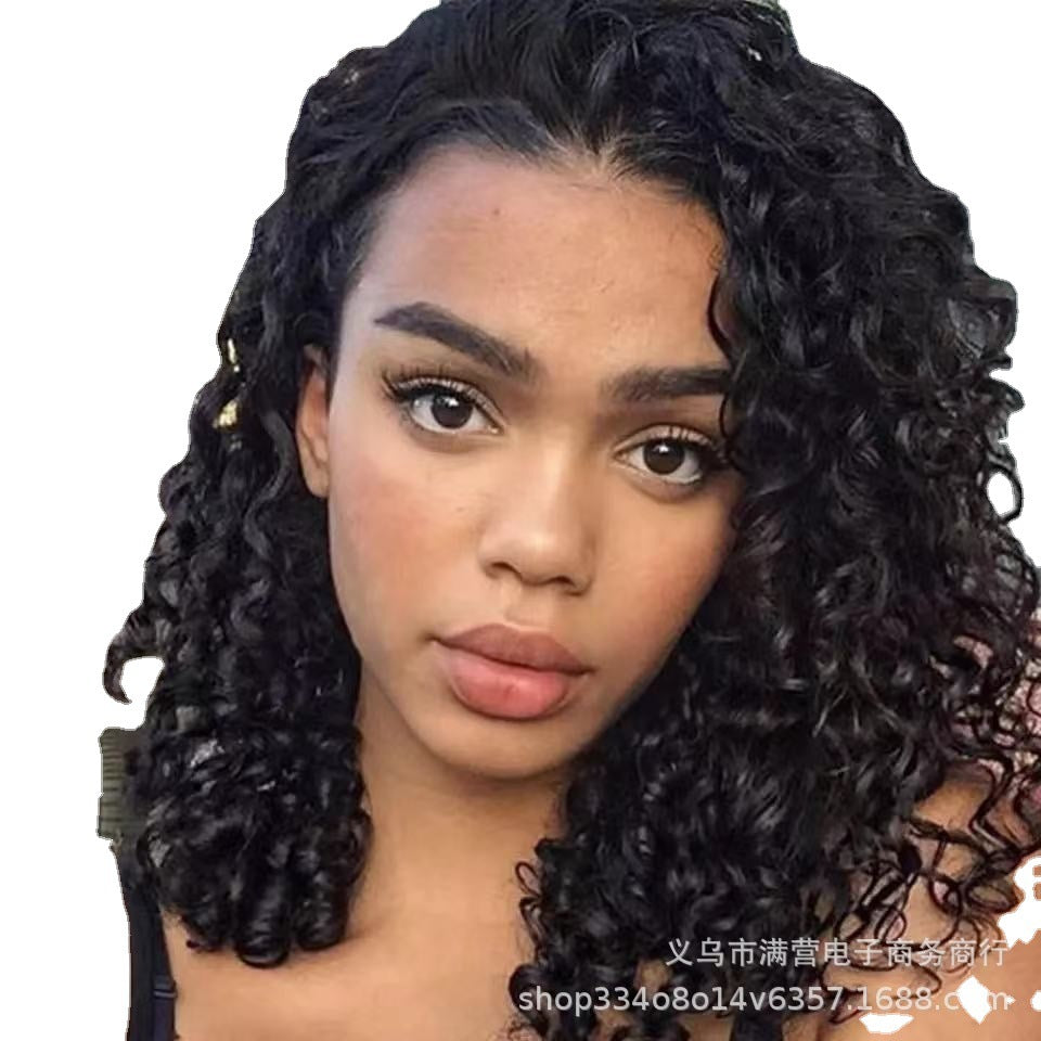 wish new cross-border European and American small curly hair headgear African ladies mid-length corn perm high temperature silk wig set