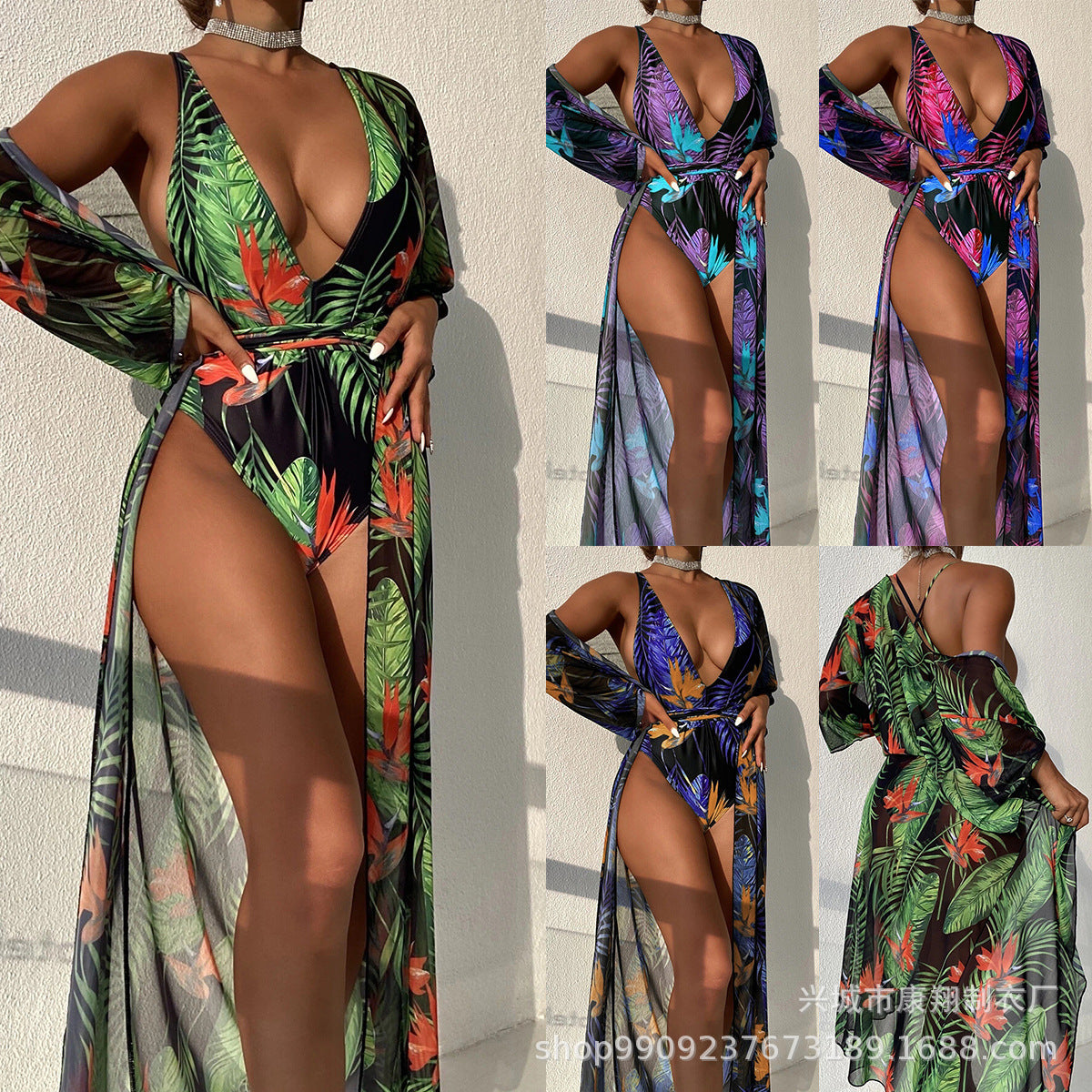 2023 European and American foreign trade swimsuit women's one-piece printed mesh two-piece blouse bikini AliExpress cross-border outfit