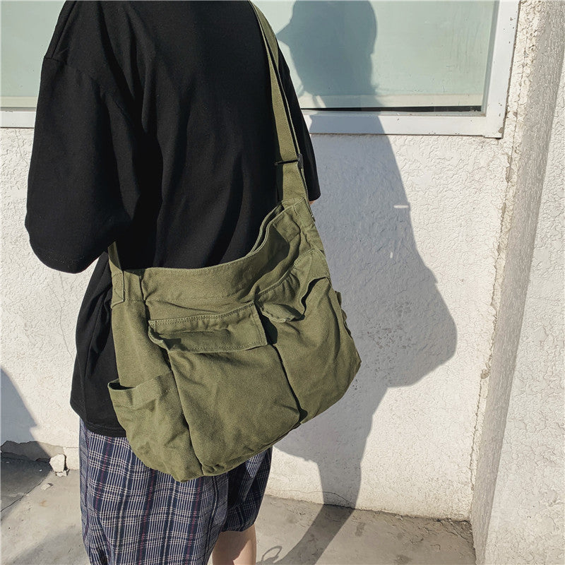 Workwear style single shoulder crossbody bag for men and women ins canvas bag student class bag street large capacity literary and leisure bag