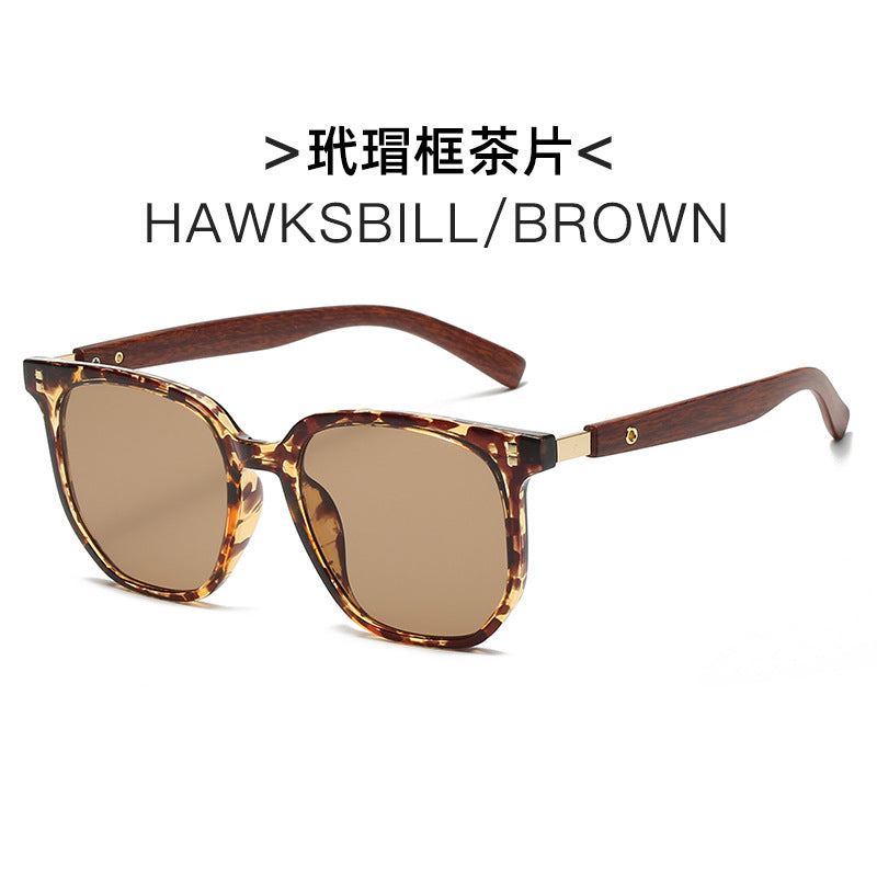 2023 New Korean Style Brown Sunglasses for Women Retro Wood Grain Legs Square Frame Round Face Glasses Fashion Sunglasses