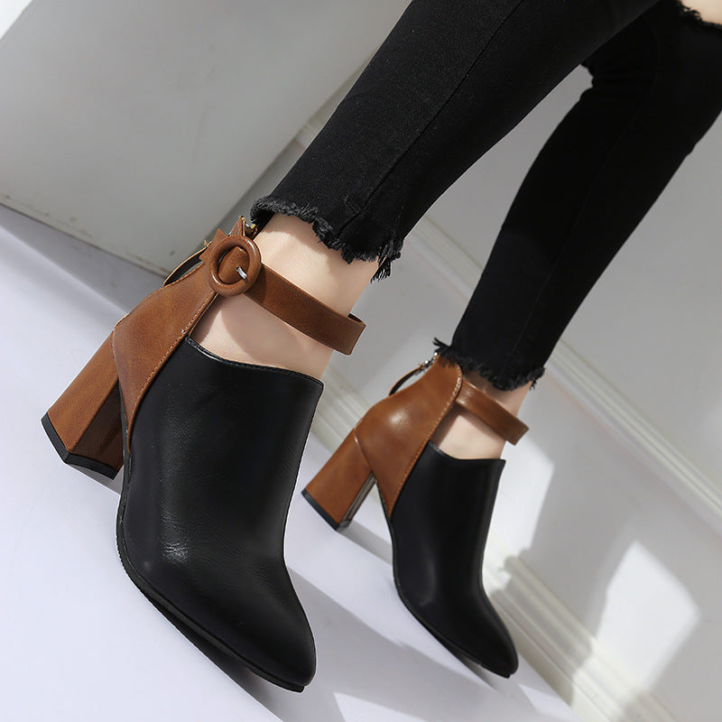 AliExpress foreign trade new 35-44 large size high-heeled short boots women's pointed toe short boots zipper chunky heel Martin boots