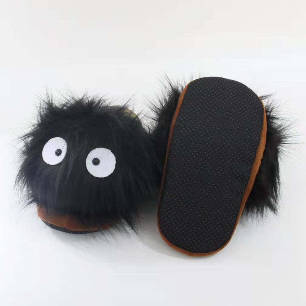 Winter cartoon coal briquettes plush slippers black charcoal long hair animation home boy personality floor cotton mop