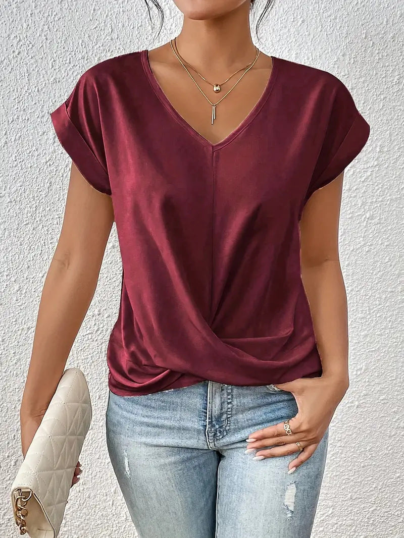 2024 Amazon cross-border hot-selling solid color V-neck T-shirt elegant short-sleeved top spring and summer women's clothing Amazon cross-border