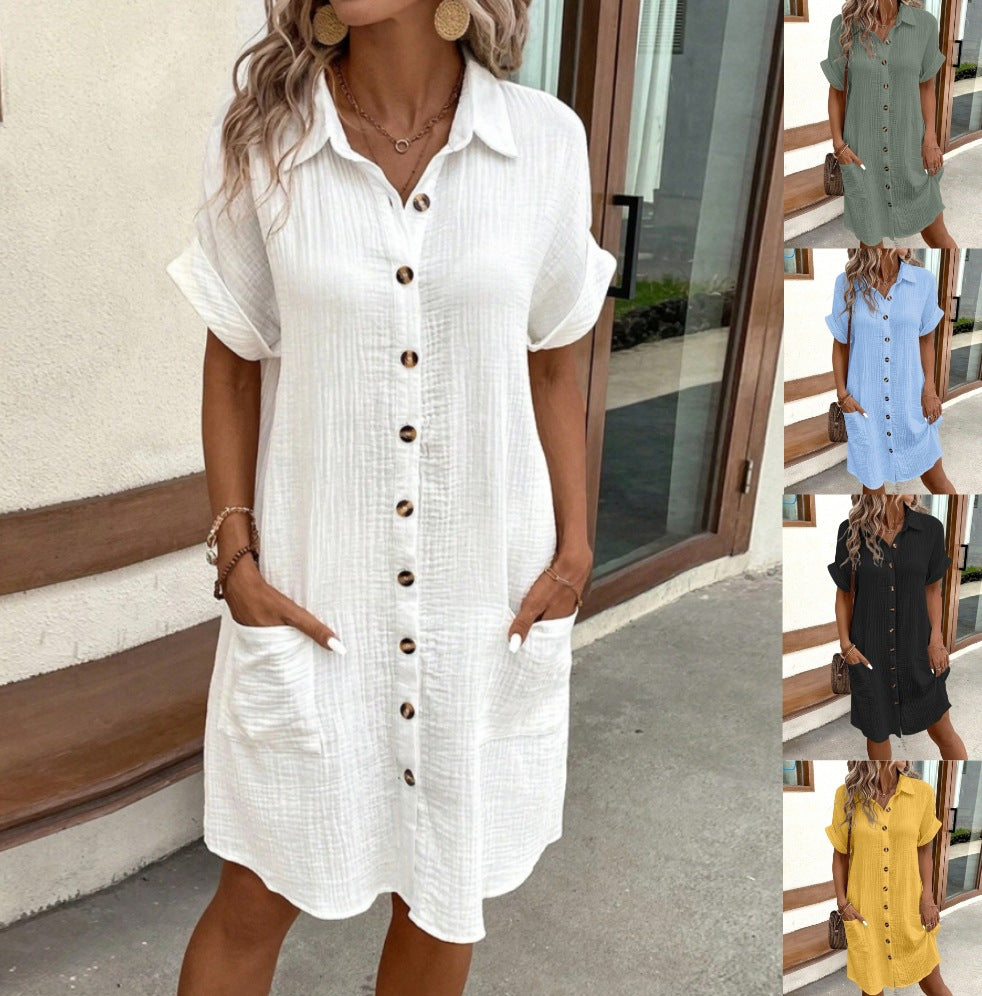 2024 AliExpress Wish Amazon Hot Sale Summer Simple V-neck Button Cotton and Linen Dress Women's Shirt Dress