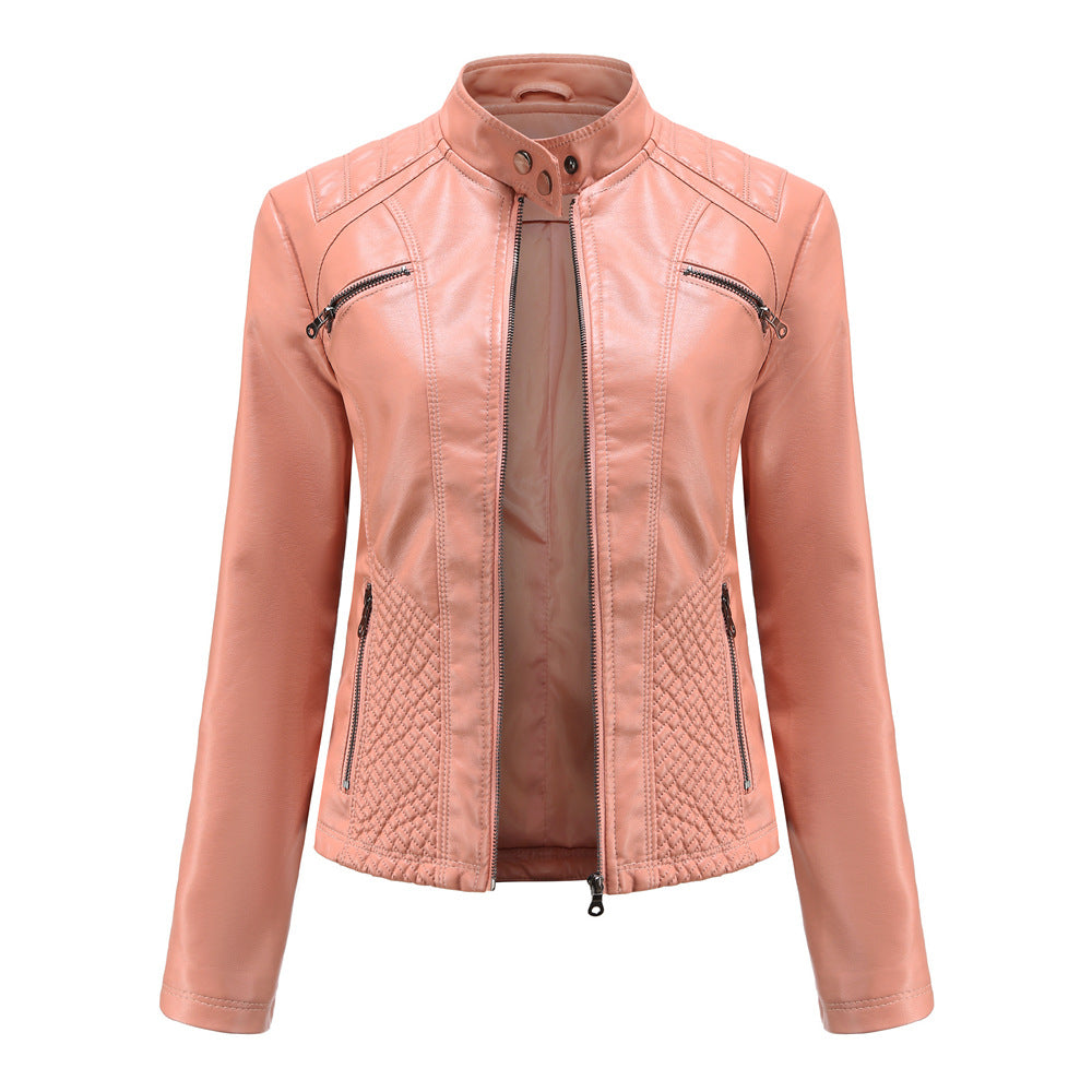 2023 new women's casual leather jacket stand collar jacket European and American slim coat women spring and autumn solid color women's leather jacket