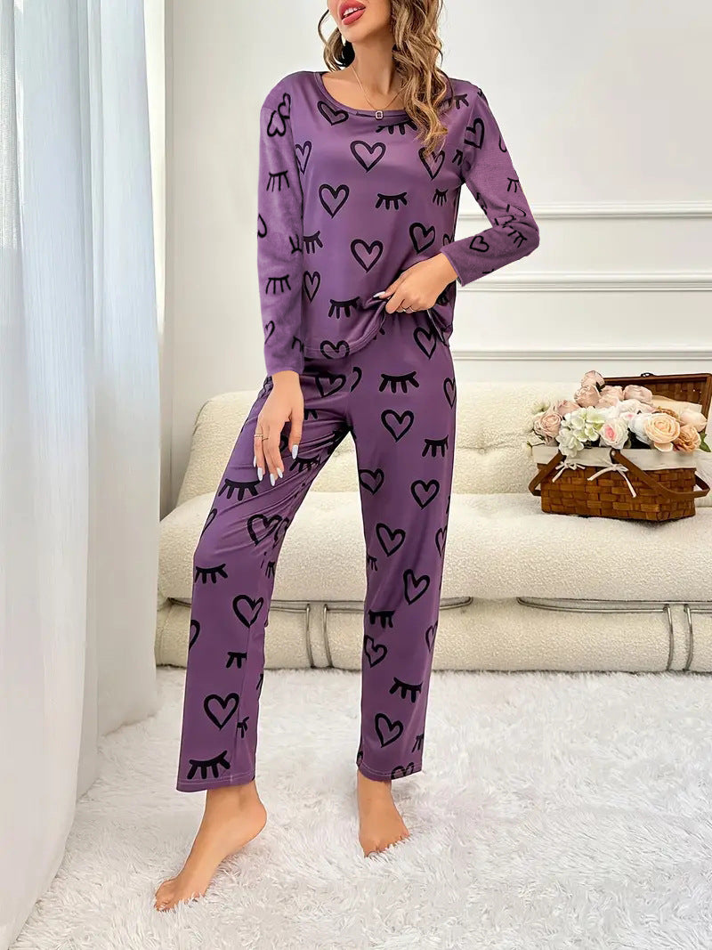 2024 European and American Amazon autumn and winter new hot-selling long-sleeved trousers printed casual style two-piece home clothes for women