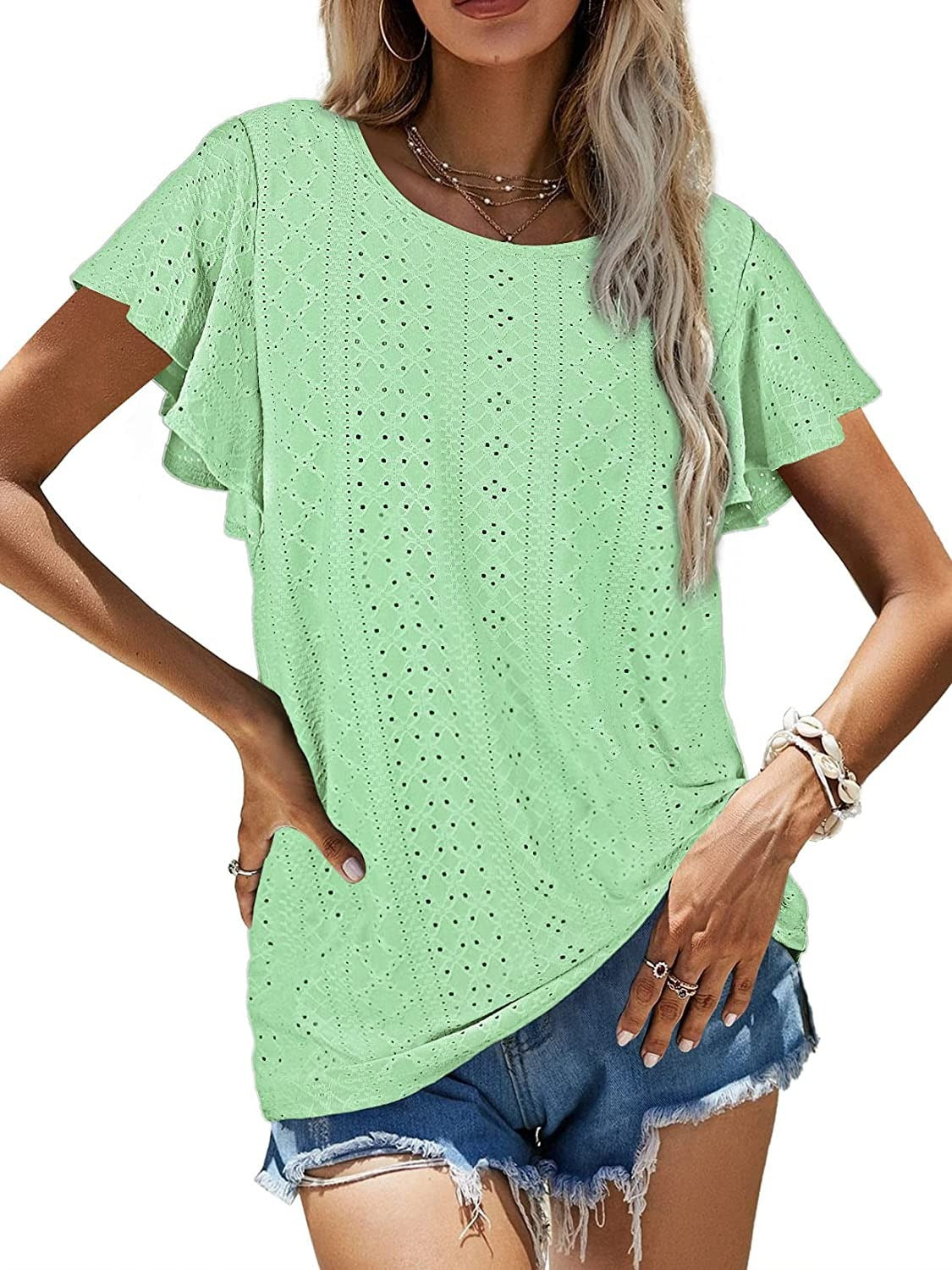 2023 European and American Amazon summer new women's tops hollowed out waist round neck lotus leaf sleeves casual T-shirt women