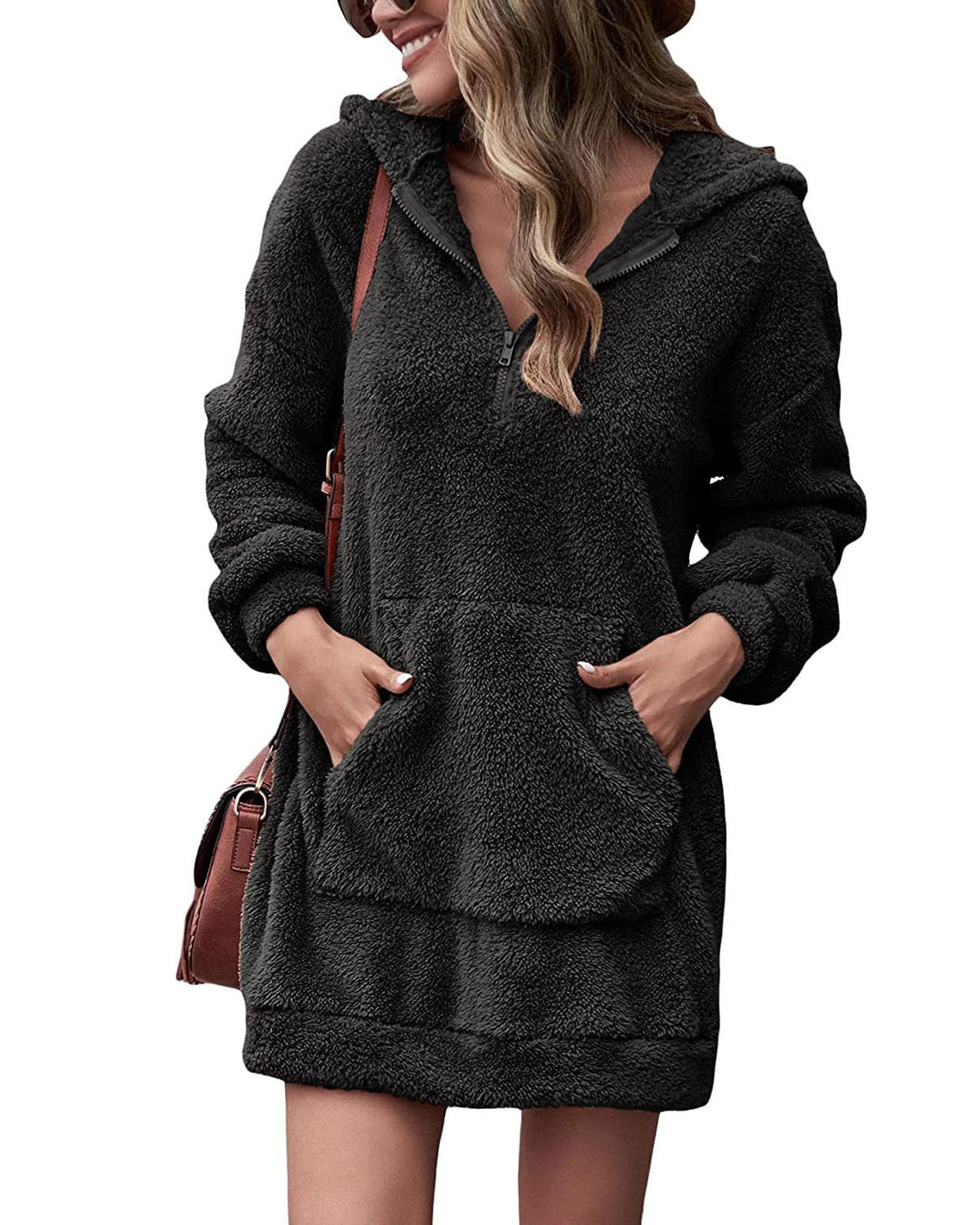 2022 new European and American cross-border autumn and winter women's clothing double-sided fleece hooded loose zipper plush pocket sweater jacket