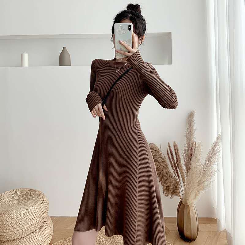 2022 Autumn New A-line Skirt Women's Waist Slimming Knitted Dress Long Skirt Long Sleeves Round Neck Temperament Swing Skirt