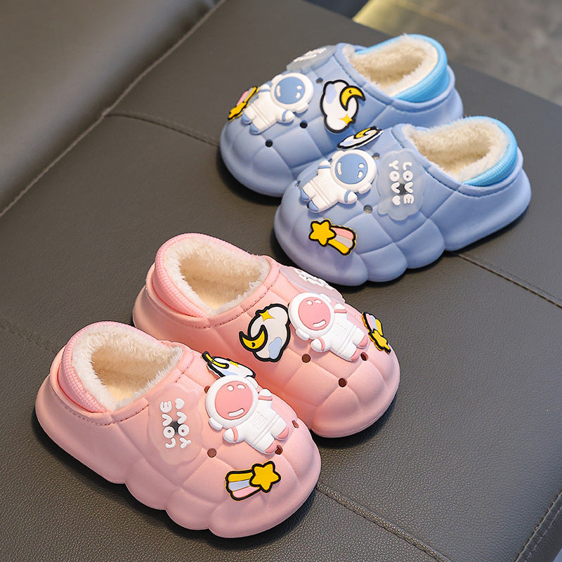 Winter children's cotton slippers for boys and girls, non-slip, warm and velvet home bags, baby outer wear, children's furry cotton shoes