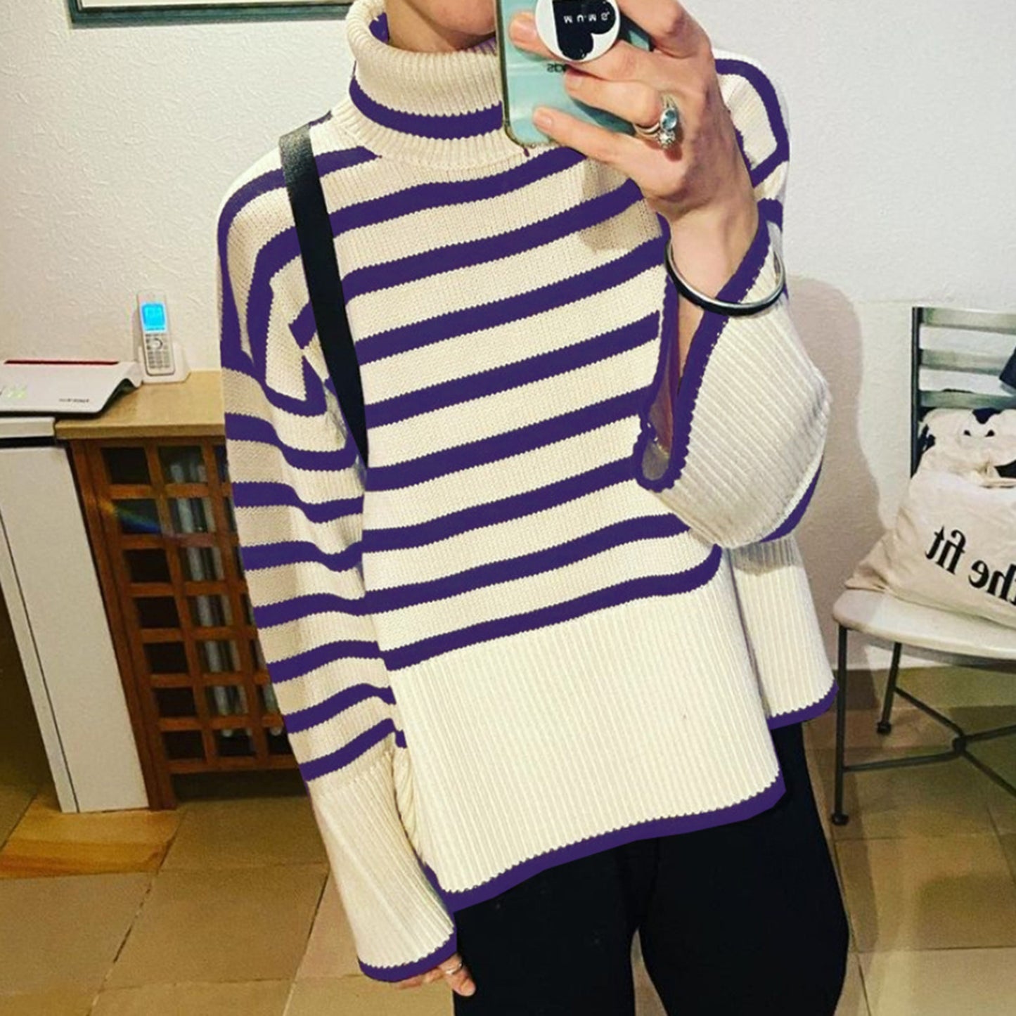 2021 cross-border autumn and winter new AliExpress Amazon popular women's high-neck knitted striped slit sweater top