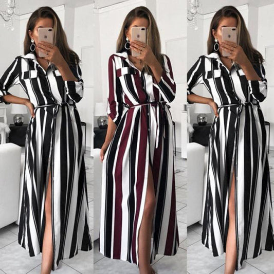 AliExpress autumn and winter new striped long-sleeved strappy dress