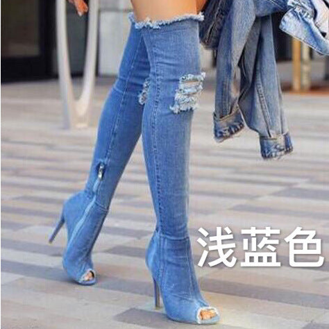 2021 denim high-heeled over-the-knee fish mouth boots Europe and the United States plus size women's shoes spot