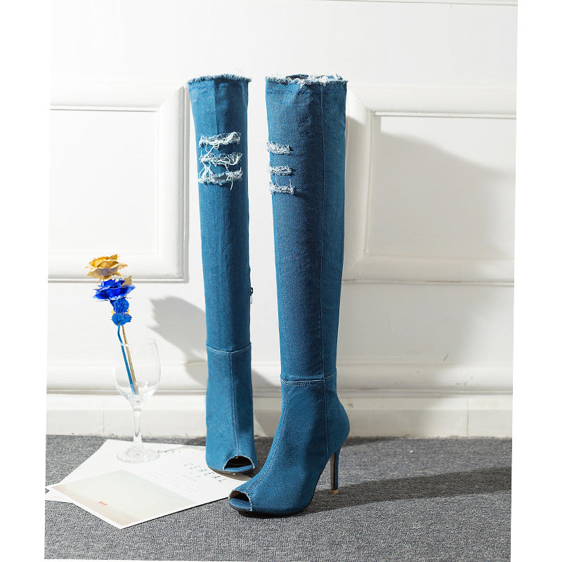 2021 denim high-heeled over-the-knee fish mouth boots Europe and the United States plus size women's shoes spot