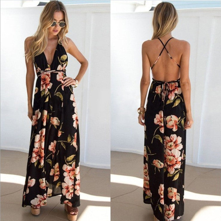 2021 Summer Amazon AliExpress European and American Women's Sexy Printed Sling Halter Slit Beach Dress