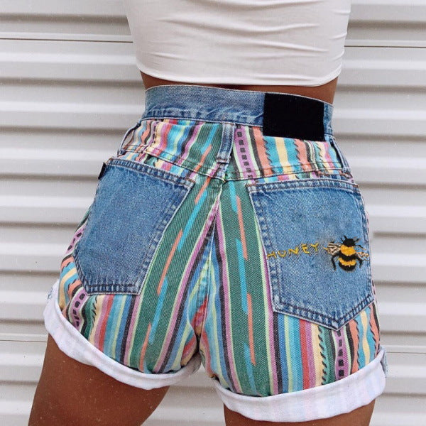 2022 new summer Korean style fashion simple casual student straight curled rainbow striped high waist denim shorts for women