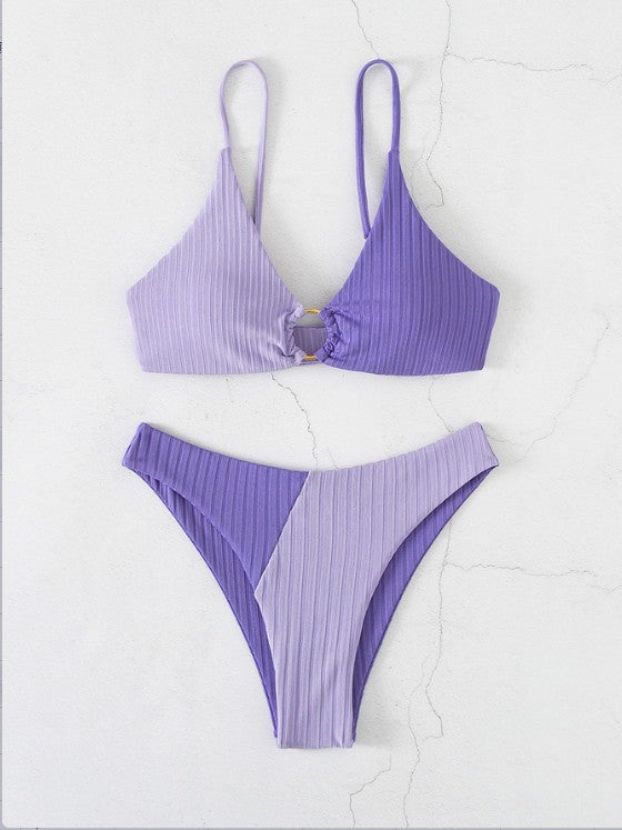 2024 cross-border European and American split hollow swimsuit women's solid color splicing ring sexy fashion slim beach hot spring