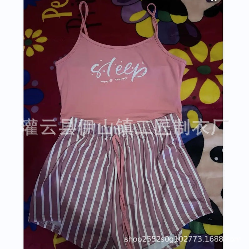 2023 New Arrival Suspender Pajamas Women Drawstring Shorts Set Letter Stripe Printing Ladies Home Clothes Can Be Worn Outside