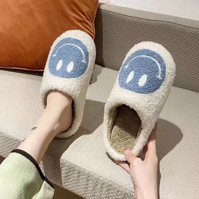 2021 New Cotton Slippers Women's Household Plush Warm Household Home Indoor Anti-slip Thick Bottom Smiley Face Hairy Autumn and Winter