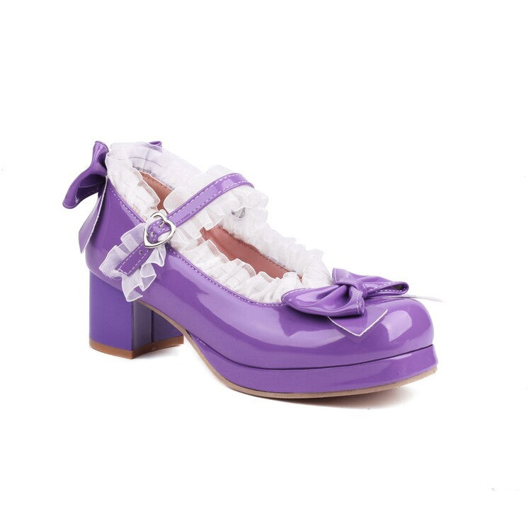 2023 new Lolita shallow mouth single shoes ruffled bow shiny leather mid-heel women's shoes size 3048