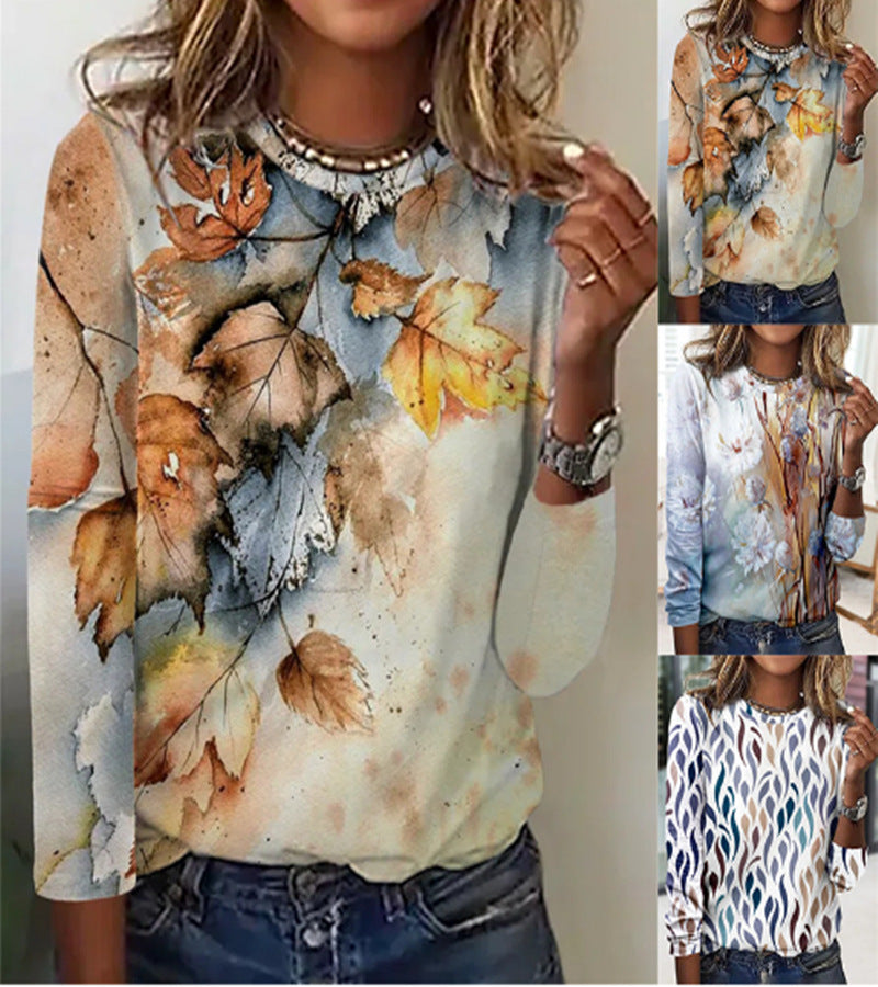 [Spot] Amazon AliExpress wish2022 autumn and winter round neck floral printed bottoming long-sleeved printed T-shirt