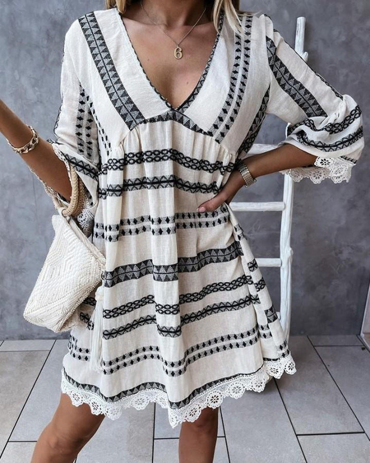 2022 Europe and America ebay AliExpress wish summer hot sale V-neck geometric print bell-sleeve lace dress