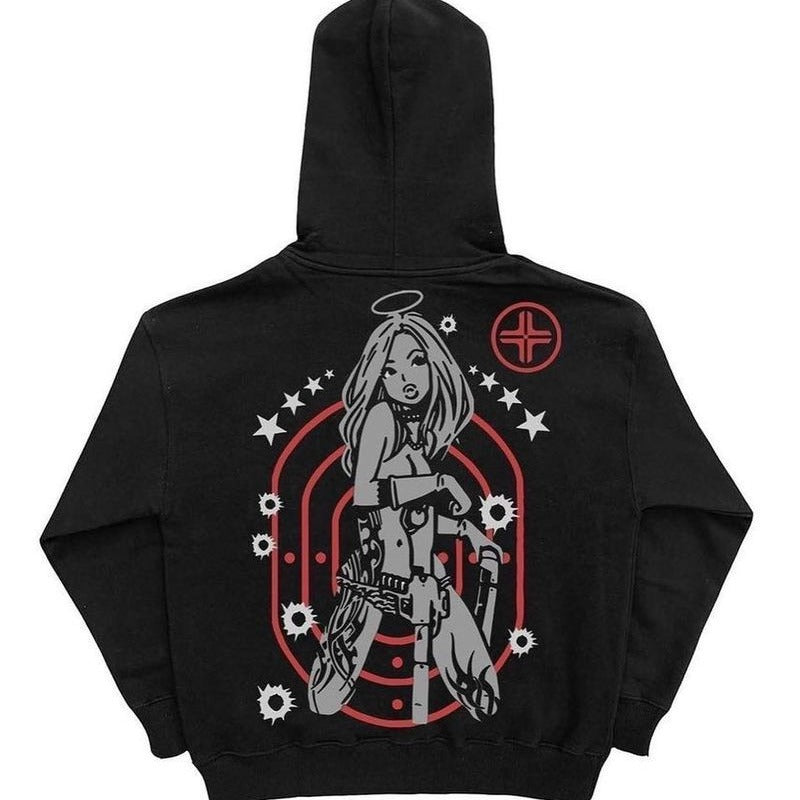 2024 New European and American Dark Sweatshirts Men's and Women's Hoodies Gothic Couple Harajuku Gun Girl Printed Zipper