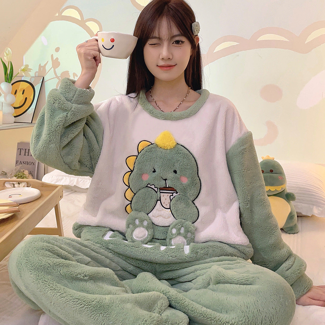 2023 New Flannel Pajamas Women Autumn and Winter Cartoon Sweet Cute Dinosaur Home Clothes Coral Fleece Suit