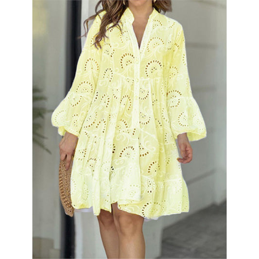 2023 European and American cross-border spring and summer Amazon solid color V-neck loose embroidered hollow lace flower sexy dress