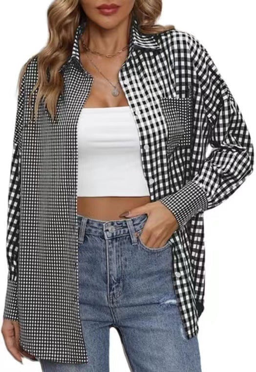 2023 Amazon women's spring and summer new cross-border European and American foreign trade ladies' fashion loose casual plaid shirt