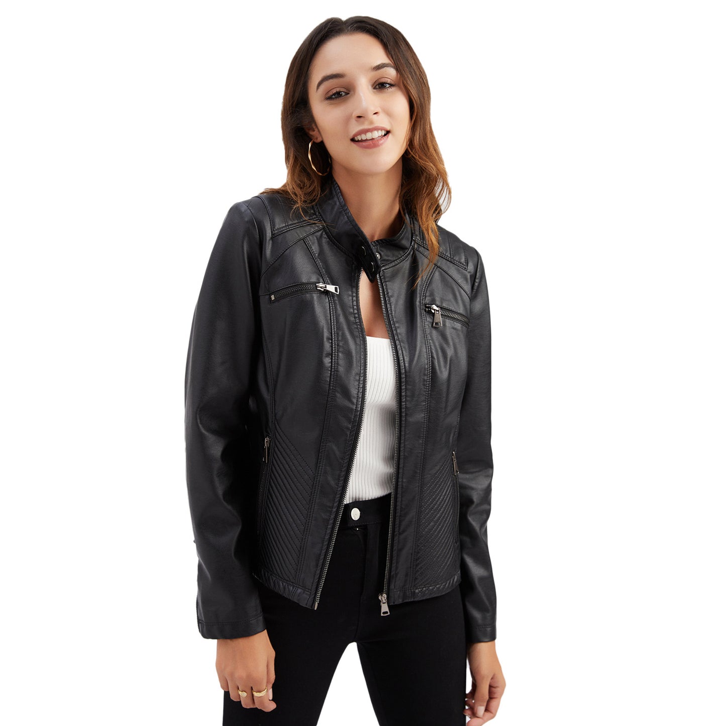 2023 new women's casual leather jacket stand collar jacket European and American slim coat women spring and autumn solid color women's leather jacket