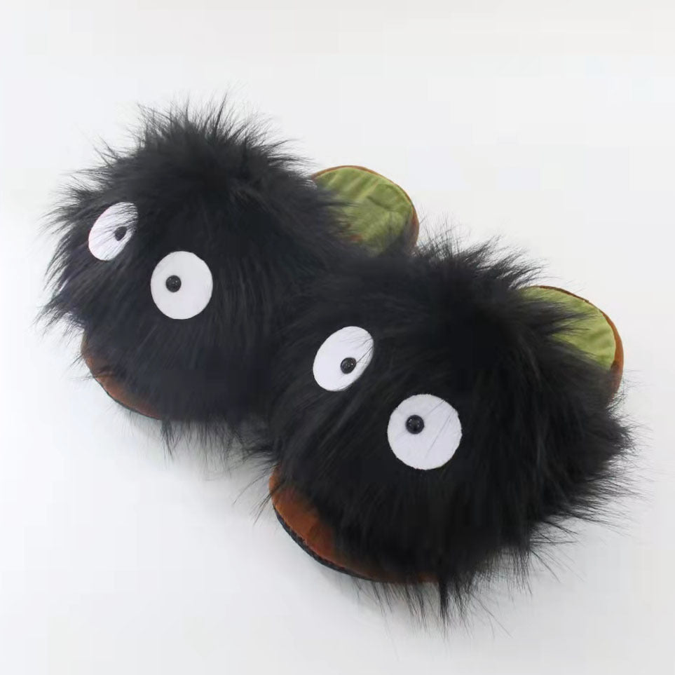 Winter cartoon coal briquettes plush slippers black charcoal long hair animation home boy personality floor cotton mop