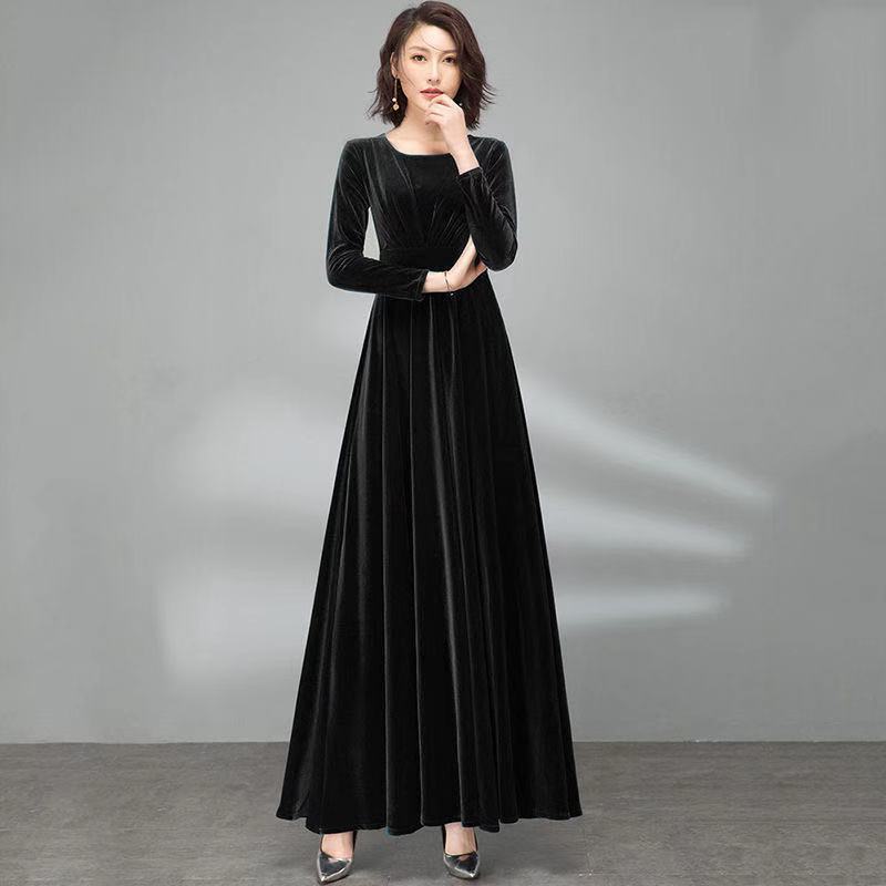 609#Real shot Good quality noble lady autumn and winter gold velvet dress waist long skirt manufacturer wholesale