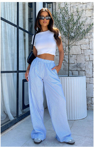 2024 New Amazon Women's Striped Wide-leg Trousers Casual Street INS Fashion Loose High-waisted Trousers