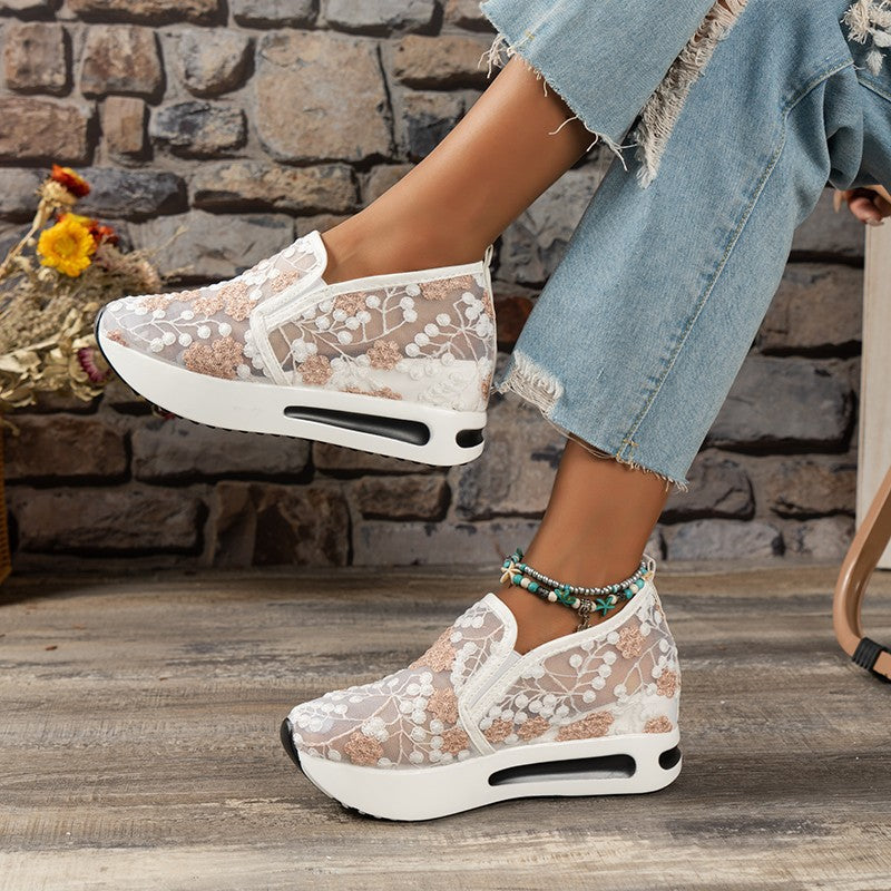 2023 spring and summer new mesh single shoes pointed toe muffin thick bottom casual shoes embroidered small fresh set of feet women's shoes spot